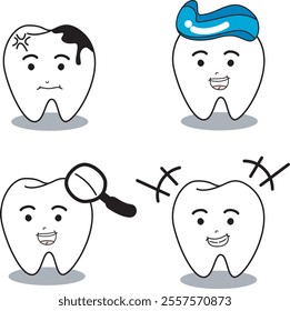 Vector character happy and funny teeth set. Illustration doodle drawing cute design tooth.