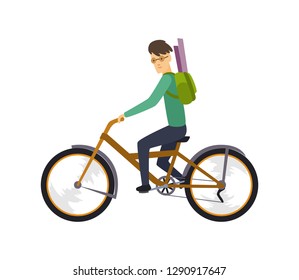 Vector character of happy man on bicycle isolated on white. Concept recreation and wellness in flat style.