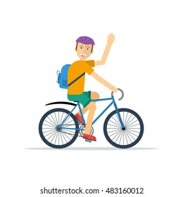 Vector character of happy man on bicycle isolated on white. Concept recreation and wellness in flat style