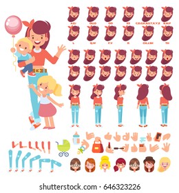 Vector character Happy Mother with two children. Character creation set with various views, hairstyles, face emotions, lip sync and poses. Parts of body template for design work and animation.