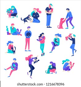 Vector character. Happy people with their pets, cat and dog love their owners