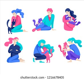 Vector character. Happy people with their pets, cat love their owners