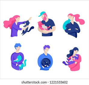 Vector character. Happy people with their pets, cat love their owners. Colorful flat concept illustration.