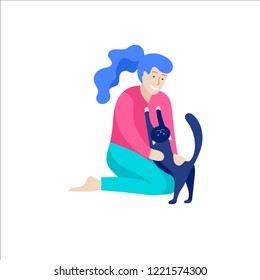 Vector character. Happy people with their pets, cat love their owners. Colorful flat concept illustration.