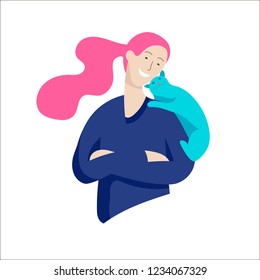 Vector character. Happy people with their pets, cat love their owners. Colorful flat concept illustration.