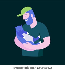 Vector character. Happy people with their pets, cat love their owners. Colorful flat concept illustration.