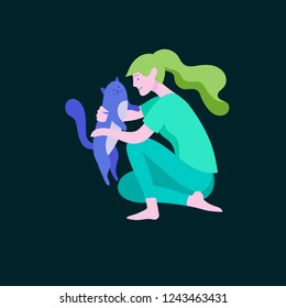 Vector character. Happy people with their pets, cat love their owners. Colorful flat concept illustration.