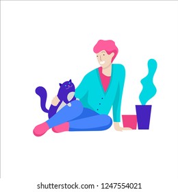 Vector character. Happy people with their pets, cat love their owners. Colorful flat concept illustration.