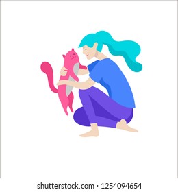 Vector character. Happy people with their pets, cat love their owners. Colorful flat concept illustration.
