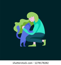 Vector character. Happy people with their pets, cat love their owners. Colorful flat concept illustration.