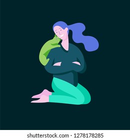 Vector character. Happy people with their pets, cat love their owners. Colorful flat concept illustration.