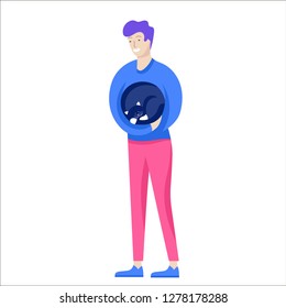 Vector character. Happy people with their pets, cat love their owners. Colorful flat concept illustration.