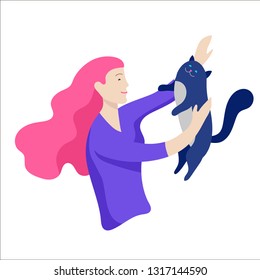 Vector character. Happy people with their pets, cat love their owners. Colorful flat concept illustration.
