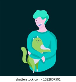 Vector character. Happy people with their pets, cat love their owners. Colorful flat concept illustration.