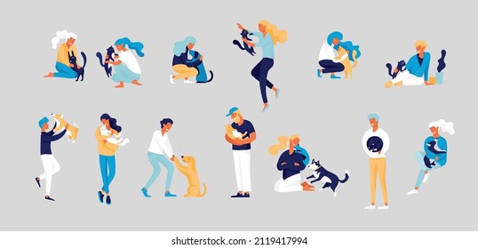 Vector character. Happy people with their pets, cat love their owners