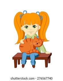 Vector character - a happy young farmer girl with long red hair, sitting on a bench and holding a big red cat.