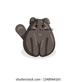Vector Character of Highland Fold Cat in Kawaii Style. Cute Cartoon Kitty Character. Funny Kitten isolated on White Background. Sticker of Kawaii Animal, Pet. Flat design. Usable for Children's Book