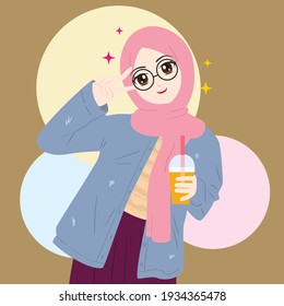 vector character of a hijab woman posing for peace while holding a drink