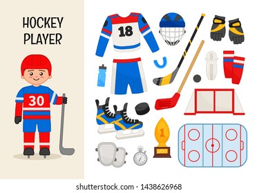 Vector character hockey player. Illustrations of hockey equipment. Set of cartoon professions.