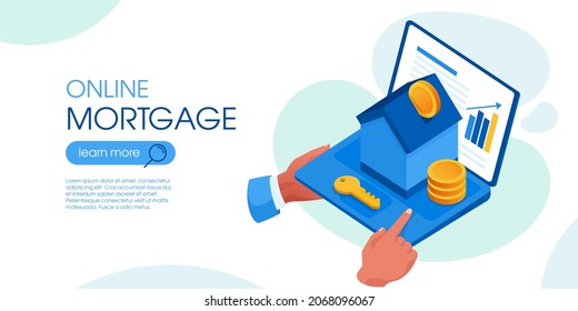 Vector Character Holding Laptop With House And Key Isometric Illustration. Coin Falling In Money Box In House Shape. Investing Money In The Real Estate Property Process. Mortgage Web Banner Template.