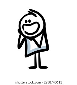 Vector character holds chin and admire something. Funny doodle illustration of stickman in love,