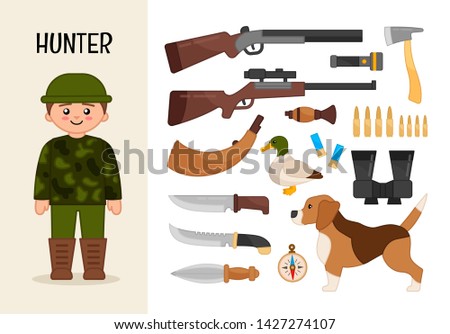 Vector character hunter. Illustrations of hunter equipment. Set of cartoon professions.
