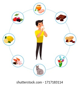 Vector character illustration allergy concept. Boy sneezes or blows his nose in handkerchief, allergic reaction of immune system. Types of allergens: some foods, sweets, pet hair, seasonal flowers