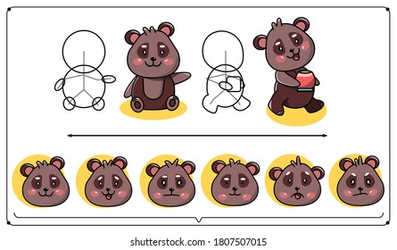 Vektorzeichen. Illustration von Tieren. Bärenkelett und fertige Zeichnung. Emotionen eines Bären