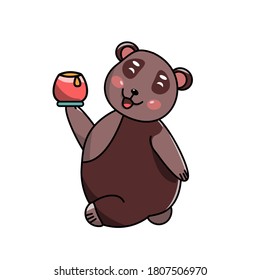 Vector character. Illustration of animals. Big bear holding a jug of honey