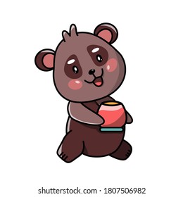 Vector character. Illustration of animals. Little bear carries a jug of honey