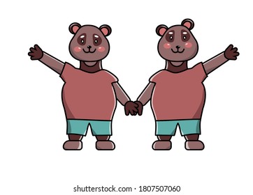 Carácter vector. Ilustración de animales. Dos osos gemelos vestidos con sus patas