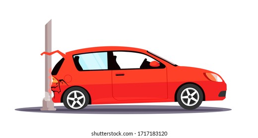 Vector character illustration auto traffic accident. Car crashed to street lighting pole. Damaged automobile with broken trunk isolated object. Collision on road, safety of driving personal vehicles