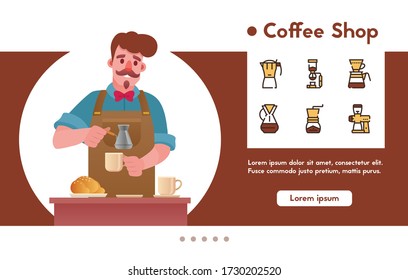 Vector character illustration of barista making coffee. Coffee shop, cafe or cafeteria elements. Man preparing beverage at counter. Set of various desserts, coffee maker, grinder, types of drinks