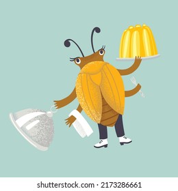 Vector Character Illustration. The Beetle Waiter Holds Yellow Jelly On A Dish.