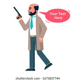 Vector character illustration of bodyguard man with weapon and speech bubble isolated on white. Conversation, communication, speaking security, talking concept. Design element with place for text