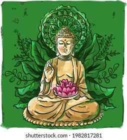Vector character illustration with buddha, buddhism, vegan