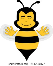 Vector character illustration of a cartoon bee with a happy expression and waving with his hands