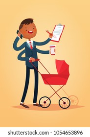 Vector character illustration. Cartoon style. Multitasking man. Business, parenhood, work. Time manadgement.