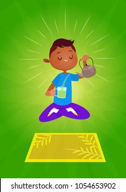 Vector character illustration. Cartoon style. Meditating man with green tea. Yoga lotus.