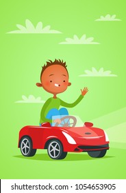 Vector character illustration. Cartoon style. Man in a toy car.