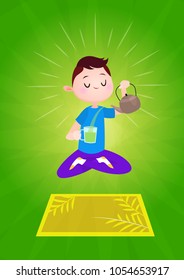 Vector character illustration. Cartoon style. Meditating man with green tea. Yoga lotus.