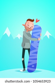 Vector character illustration. Cartoon style. Man holding snowboard.