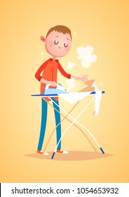 Vector character illustration. Cartoon style. Man ironing shirt.