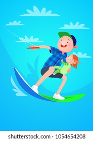 Vector character illustration. Cartoon style. Wakeboarding man with a baby. Dad and kid.