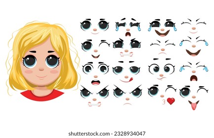  Vector character illustration in cartoon style.  Girl face constructor set isolated on white background