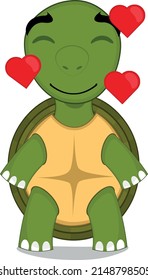Vector character illustration of a cartoon turtle with a happy expression of love and surrounded by hearts