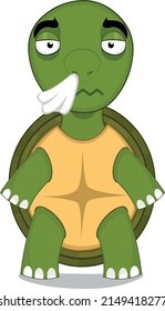 Vector character illustration of a cartoon turtle with the flu and a handkerchief on his nose