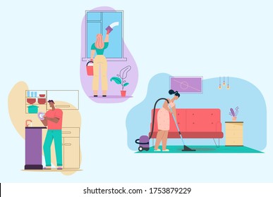 Ilustración vectorial de las escenas de limpieza de la casa, tareas domésticas, rutina diaria. Un hombre lava platos en la cocina, arroja basura. Mujer lava ventana y baño, piso aspirador en sala