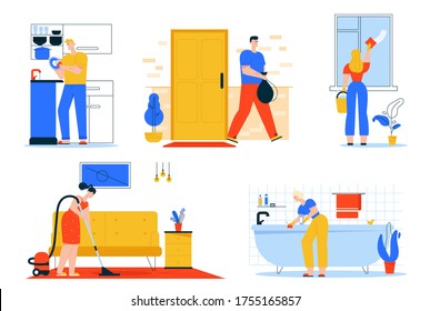 Vector character illustration of cleaning house scenes, doing housework, daily routine. Man washes dishes in kitchen, throws garbage. Woman washes window and bath, vacuuming floor in living room