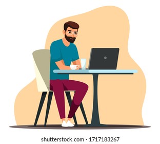 Vector character illustration coffee break concept. Man freelancer sits at table in cafe, working at laptop. Remote worker drinking beverage in coworking space, workplace at cafeteria, restaurant